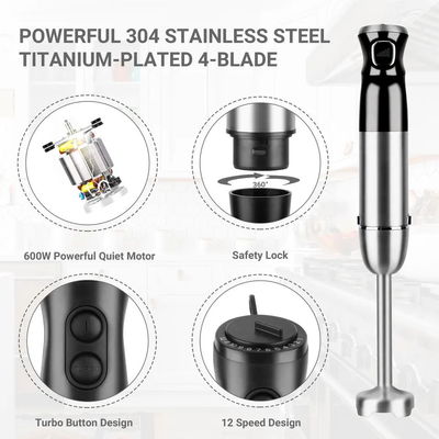 4 Blades Stick Hand Blender 5 Attachments Included For Household