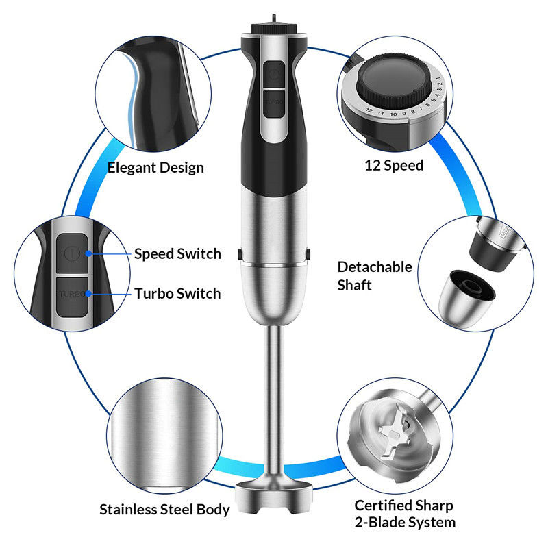 Stainless Steel 12 Speed Hand Mixer , 5 In 1 Immersion Blender